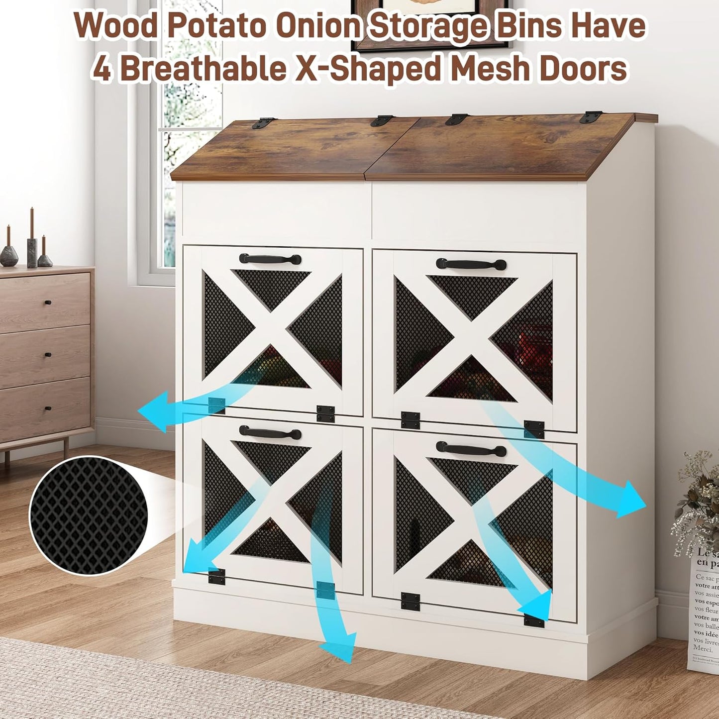 Large Wood Bread Box for Potato,Onion.Veggie Bin W/6 Large Storage Box.Root Vegetable Storage Box For Kitchen,Farmhouse Potato Storage Bin W/4 Mesh Doors,Bread Keeper for Toast,Bagel,Donut,Cookies