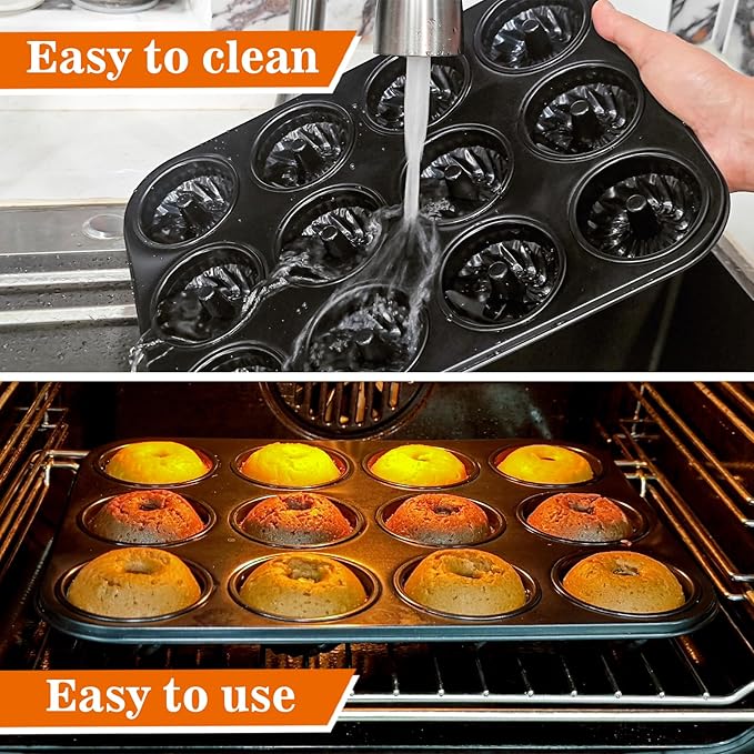 Webake 2 Pack Mini Fluted Tube Cake Pan, Non-Stick 2.8 Inch Cake Pans, Heavy Gauge Carbon Steel 12-Cavity