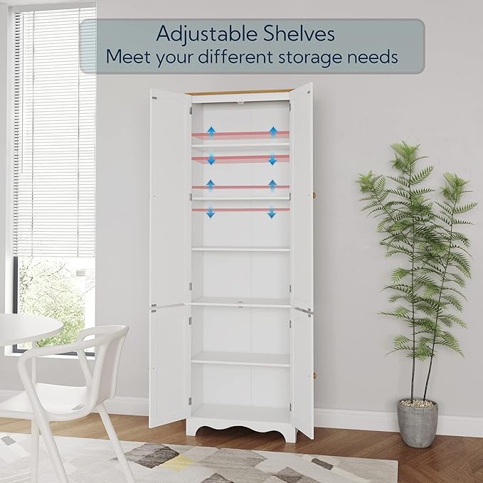 Yusong 72'' Tall Kitchen Pantry Cabinet, Freestanding Storage Cabinet with Doors and Shelves, Wooden Food Pantry Farmhouse Cupboard Buffet for Kitchen Dining Living Room, White