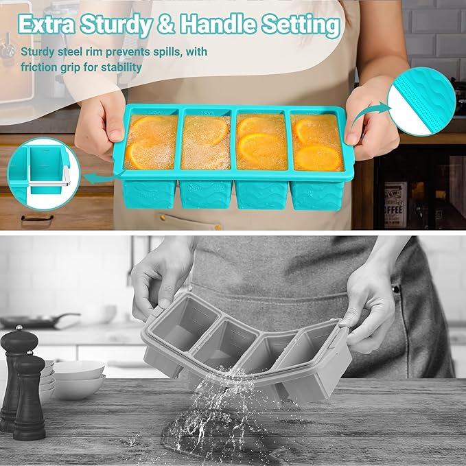 Doasuwish Silicone Freezer Tray for Soup with Lid – 1-Cup Soup Container Cube Style Ice Cube Trays for Freezer, Meal Prep & Food Storage, Freeze 250mL/125mL Portions – 2 Pack