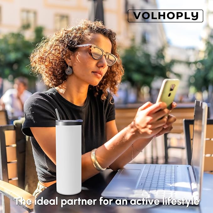 Volhoply 12 Pack Skinny Tumblers with Lid and Straw, 20oz Stainless Steel Straight Tumbler Bulk, Vacuum Insulated Coffee Mug for Home, Office, Travel, DIY (White,12 Pack)