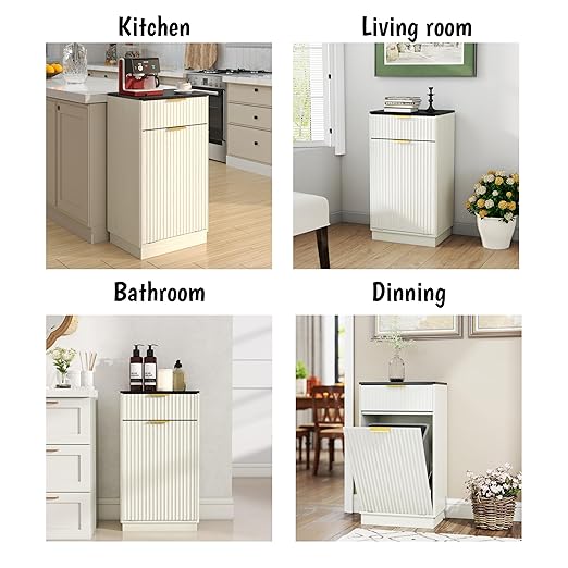 10 Gallon Tilt Out Trash Can Cabinet –Wooden Hidden Trash Can Cabinet,Pet Proof Garbage Recycling Cabinet with Storage for Kitchen Bathroom Living Room White