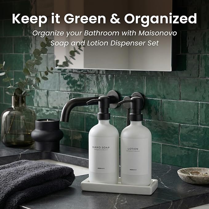 MaisoNovo Bathroom Soap Dispenser Set- Soap and Lotion Dispenser Set with White Soap Dispenser, Black Pumps & Ceramic Tray