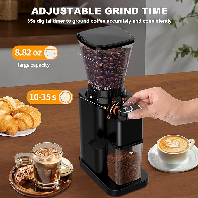 Electric Conical Burr Coffee Grinder with 48 Grind Settings, 35s Timer, Detachable 48-51mm Portafilter Holder, Anti-Static, Low Noise for Home Espresso, Drip, French Press (Black)