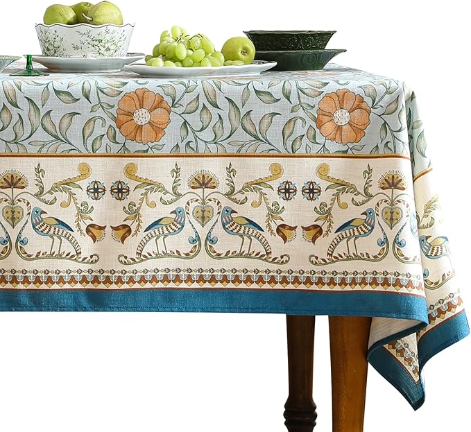 patdrea Designer French Linen Blue Tablecloth for Rectangle Table,Vintage Floral Table Cloth,Colorful Decoration Fall Cover Kitchen Dining for Thanksgiving,Tea Party,Christmas,63"x110"-Wensel