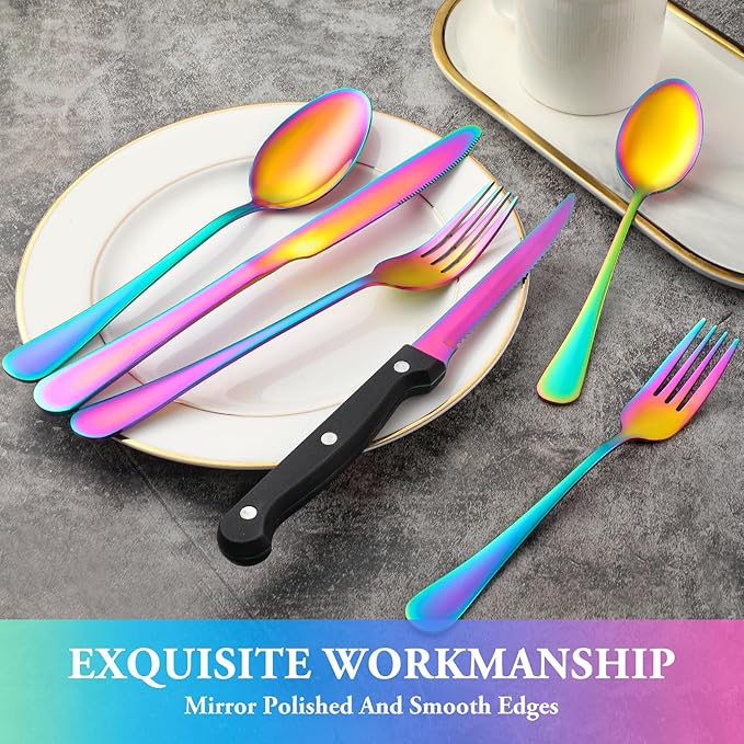 24 Pcs Rainbow Silverware Set with Steak Knives Service for 4,Stainless Steel Flatware Set,Mirror Polished Cutlery Utensil Set, Kitchen Eating Tableware,Include Fork Knife Spoon Set,Dishwasher Safe