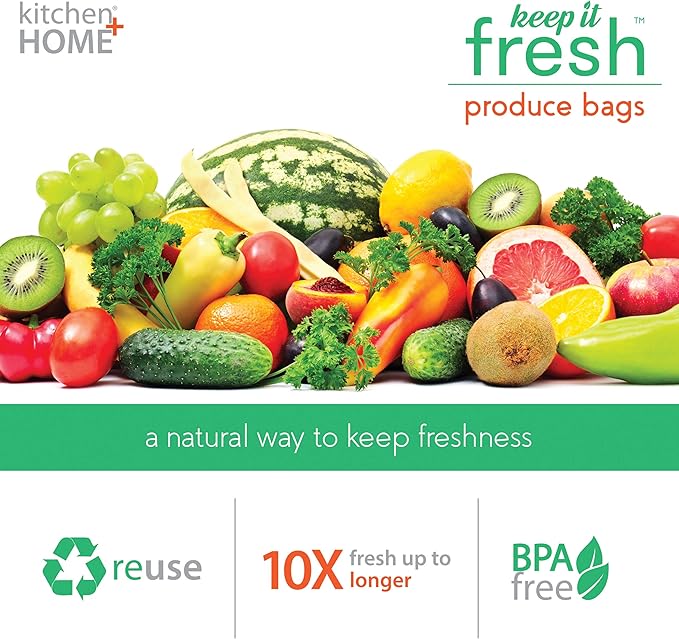 Keep it Fresh Produce Bags - 30 Reusable BPA Free Freshness Produce Bags & Twist Ties - Keeps Fruits, Veggies, and Flowers Fresher Longer
