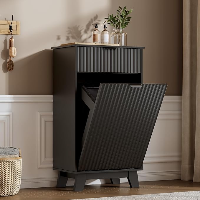 Modern Tilt Out Laundry Hamper Cabinet, 10 Gallon Wooden Trash Can Cabinet with Storage Drawer, Hidden Fluted Bathroom Storage Cabinet for Kitchen, Living Room (Black, 20.47"W x 35.83"H x 13"D)