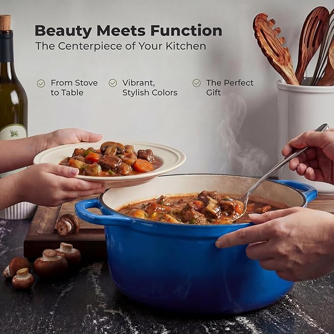 Zulay Kitchen 7.7 Quart Enameled Cast Iron Dutch Oven Pot with Lid – Premium Durability & Oven Safe up to 500°F – Heavy Duty Cookware Perfect for Bread Baking, Stews, Braising & Roasting – Blue
