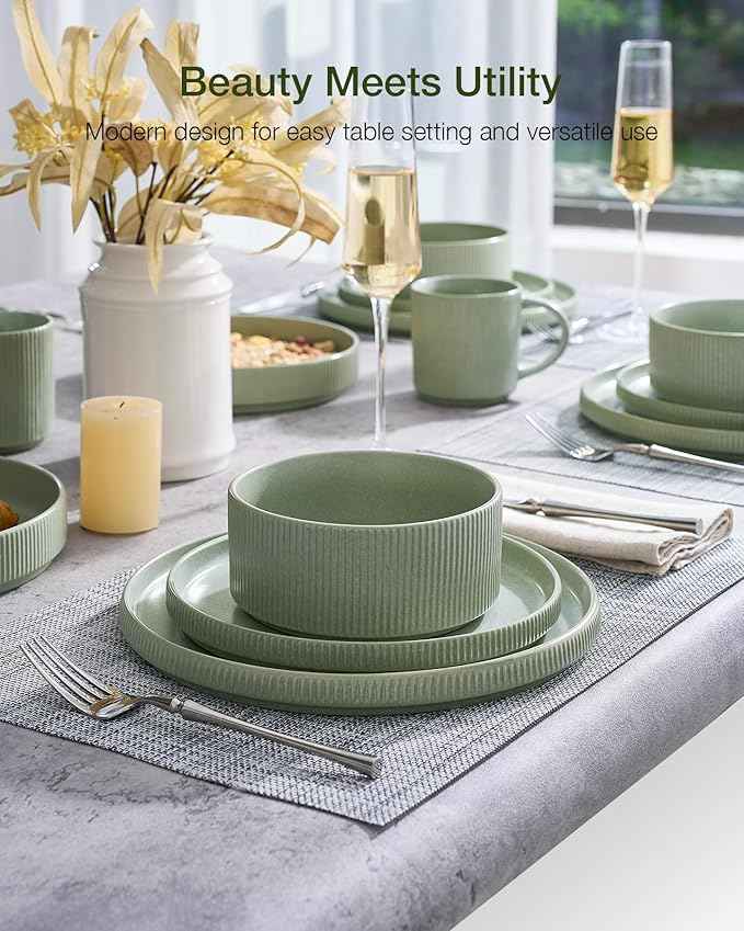 Famiware Star Dinnerware Set, Plates and Bowls Sets for 4 (12pcs), Ribbed Stoneware Dishes - Chip & Scratch Resistant, Microwave & Dishwasher Safe, Matte Sage Green