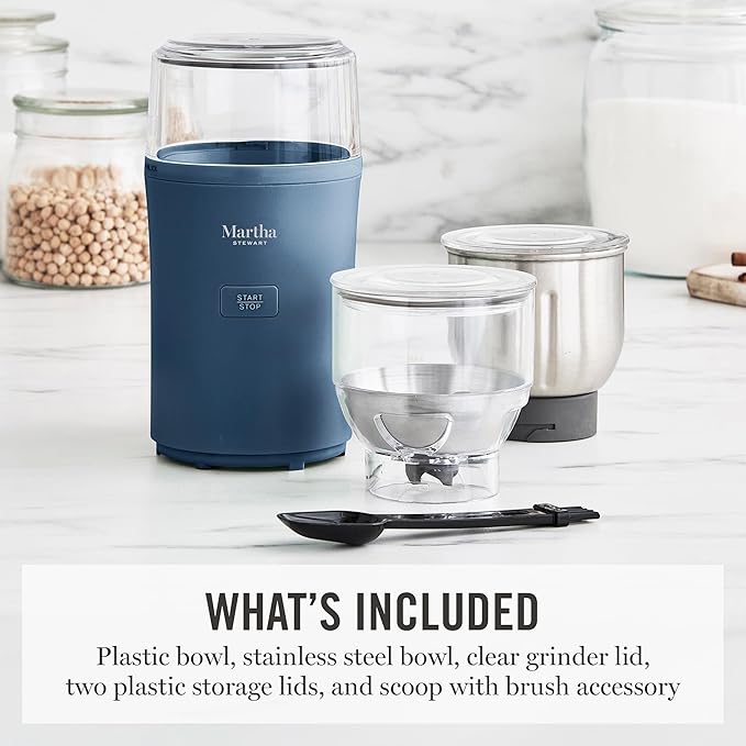 Martha Stewart Electric Coffee & Spice Grinder, Dual 2.5oz Removable Bowls, Storage Lids, Stainless Steel Blades, One Touch Pulse Control, 2-in-1 Compact, Beans & Spices, Herbs & Nuts, Indigo Blue