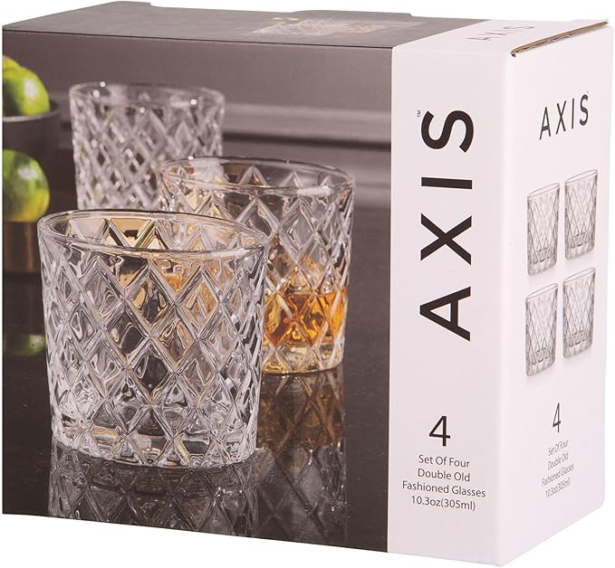 Glaver's Whiskey Glasses Set of 4. 10oz. Double Old Fashioned Glass for Cocktail Bourbon Rock Glasses,Bar Glass for Scotch Tequlia Rum. Diamond Cut. Gift for him