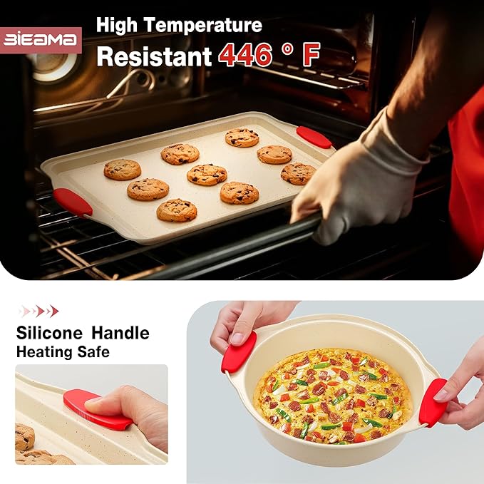 BIEAMA 13-Piece Baking Pans Sets, Nonstick Bakeware Sets, BPA-Free Carbon Steel Stackable Bakeware Set, Cream