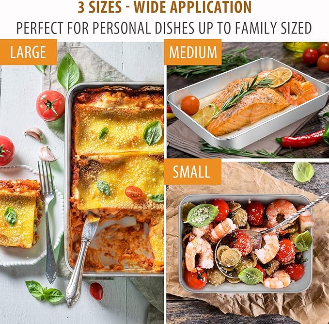 E-far Baking Pans Set of 3, Stainless Steel Sheet Cake Pan for Oven - 12.5/10.5/9.4Inch, Rectangle Bakeware Set for Cake Lasagna Brownie Casserole Cookie, Non-toxic & Healthy, Dishwasher Safe