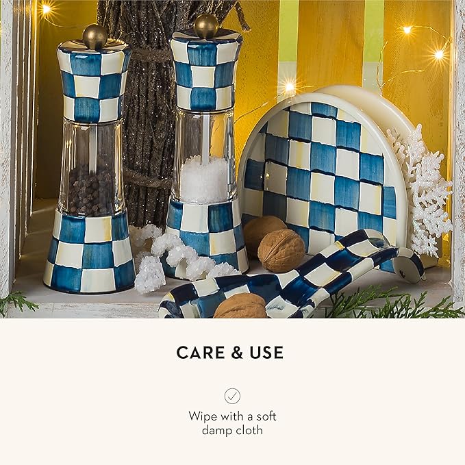 MACKENZIE-CHILDS Enamel Grinder, Refillable Manual Salt Grinder and Pepper Grinder, Blue-and-White Royal Check