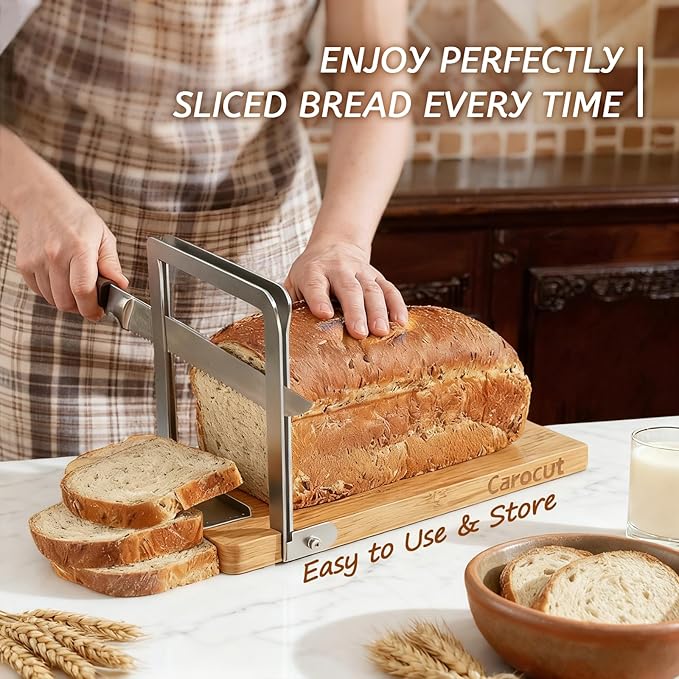 Adjustable Bread Slicer, Foldable Wood & Stainless Steel Guide for Homemade Sourdough, Sandwich & Artisan Loaves up to 6.3”, Space Saver for Small Kitchen, Includes Knife
