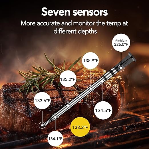 BBQOVN (Luxury Walnut Wood) WiFi Sub-1G Wireless Meat Thermometer Unlimited Range 7 NIST Certified Sensors with Ambient Temp 2 Temp Monitoring Ways Digital Smart Base and App for Smoker, Grill, Oven