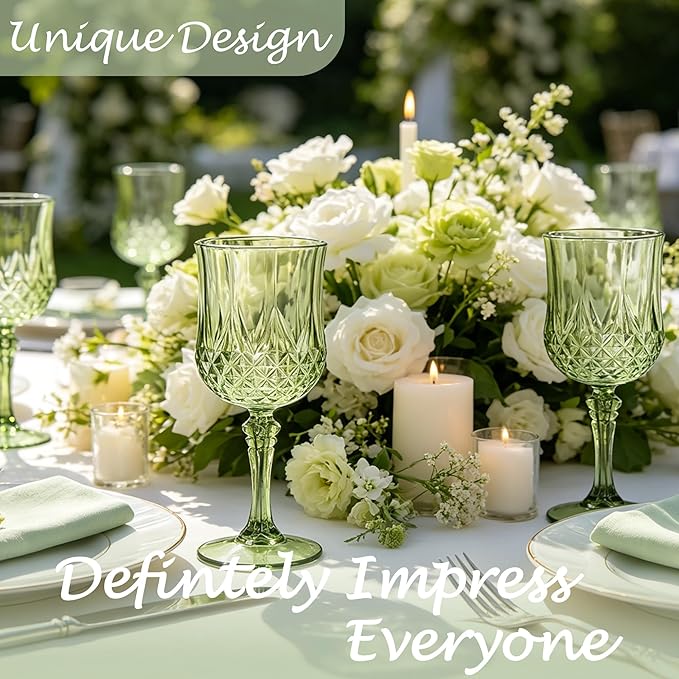 Plastic Wine Glasses, Plastic Goblets Vintage Style Cordial Unbreakable Drinking Glasses, Reusable Drinkware for Wedding Reception, Grand Event Party Supplies (48, New Green)