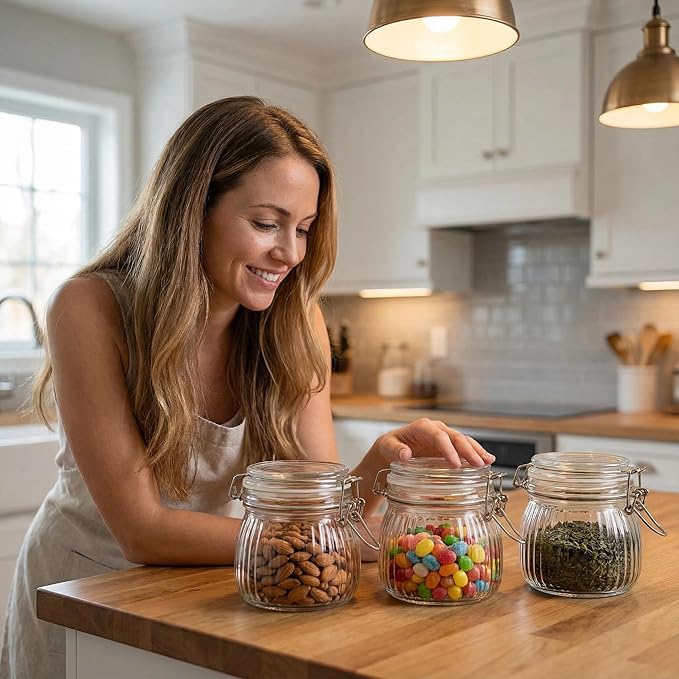 17oz Airtight Glass Jar with Lid, 6 Pack Clamp Lid Glass Storage Jars, Flip Top Food Storage Containers, Wide Mouth Thick Glass Jars for Yogurt Dessert Jam Sugar Snacks Pantry Kitchen Organization
