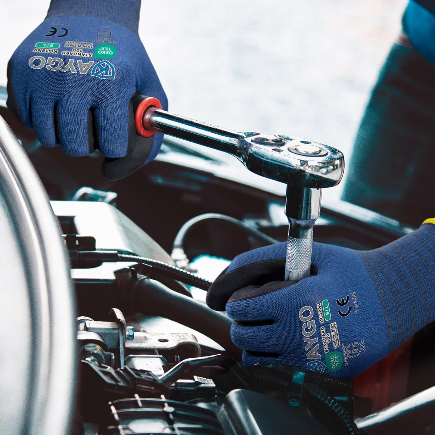KAYGO Safety Work Gloves MicroFoam Nitrile Coated, 3 Pairs KG18NB,Seamless Knit Nylon Glove for Men and Women, Ideal for Automotive,Warehouse,Construction (XL, Dark Blue)