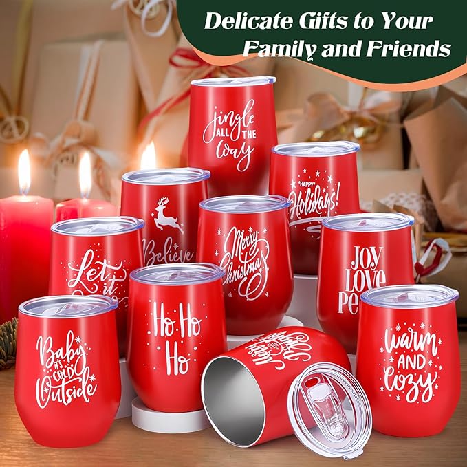 Uiifan 20 Pack Christmas Tumblers Gifts 12 Oz Xmas Funny Tumbler Christmas Stainless Steel Coffee Mugs Set Xmas Insulated Travel Cup with Straw Lid for Family Xmased Holiday Gift (Red)