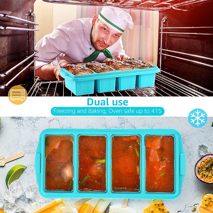 Ztomine Silicone Freezer Tray With Lid - Silicone Freezer Food Molds- Large Ice Cube Tray,4-Pack Silicone Freezer Container,Freeze & Store Soup, Sauce, Broth,Leftovers - Makes 4 Perfect 1 Cup