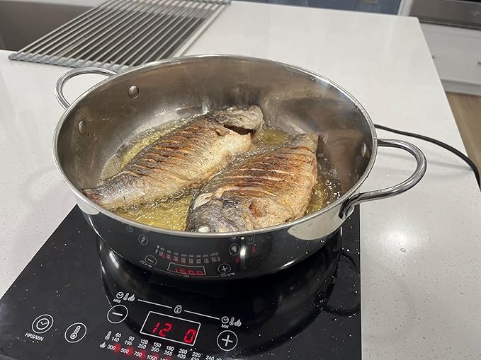 Saltlas 4.4Qt/4.2L Deep Fryer Pot with Basket and Strainer Spoon, 304 Stainless Steel Fish Frying Pot for Seafood, Chicken, French Fries, Japanese Tempura