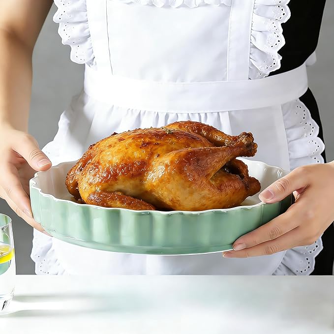 Quiche Baking Dish,Ceramic Pie Pan 11 Inch Reusable,Pizza Pan，Non-Stick Round Tart Pan with Ruffled Edge Microwave Dishwasher and Oven Safe (GREEN)