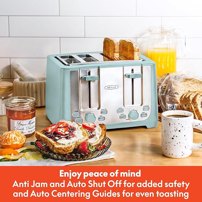 bella 4 Slice Toaster with Auto Shut Off - Extra Wide Slots & Removable Crumb Tray and Cancel, Defrost & Reheat Function - Toast Bread & Bagel, Stainless Steel and Aqua