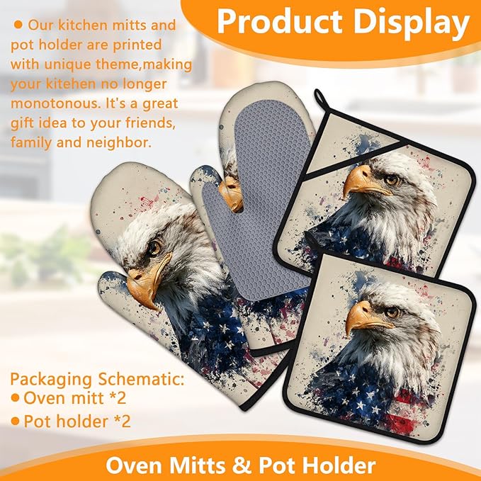 American Flag Eagle Oven Mitts and Pot Holders Sets 4Pcs Silicone Non-Slip Mitts Heat Resistant Gloves Hot Pads for Kitchen Cooking Baking Grilling BBQ
