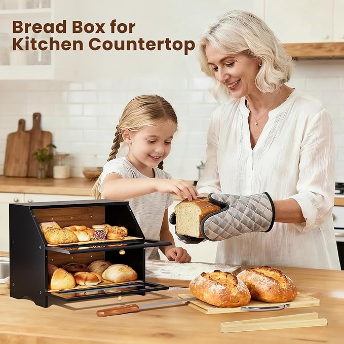 MAISONPEX Double Layer Bamboo Bread Box for Kitchen Countertop, Large Capacity, Cutting Board, Stainless Steel Bread Knife, Double Layer Storage Container with Clear Windows, Black