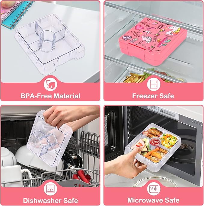 Pawtong Bento Lunch Box Set With 10oz Soup Thermo, Leak-proof Lunch Containers with 4 Compartment, Kids Hot Thermo Food Jar/Insulation Lunch Bag, Food Containers for School（Flamingo）