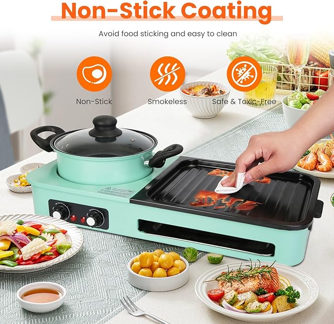 3 in 1 Electric Hot Pot with Grill Smokeless Non-Stick Pot and Griddle for Korean BBQ Grill Shabu Shabu Pot Divider Independent Dual Temperature Control for 3-5 People（1600W）