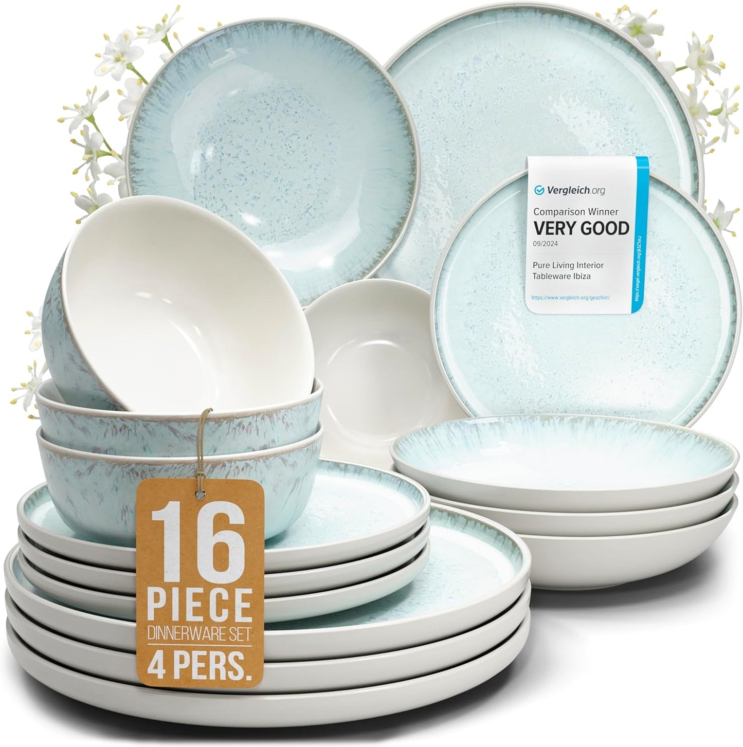 16 Piece Dinnerware Sets for 4 - Modern Style Stoneware Dinnerware Set - Scratch Resistant,Dishwasher,Microwave Safe Plates and Bowls Sets Ceramic,Dish Set, Bowl and Plate Set - Beige and Light Blue…