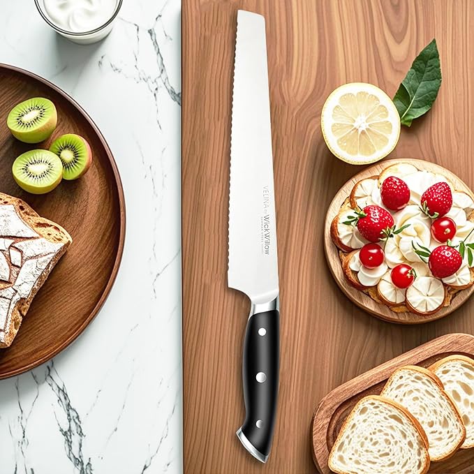 WICKWILLOW 10" Bread Knife – Razor Sharp German Steel – Serrated Knife for Homemade Bread & Sourdough – Full Tang & Ergonomic Handle – Gift Box – Velina Series