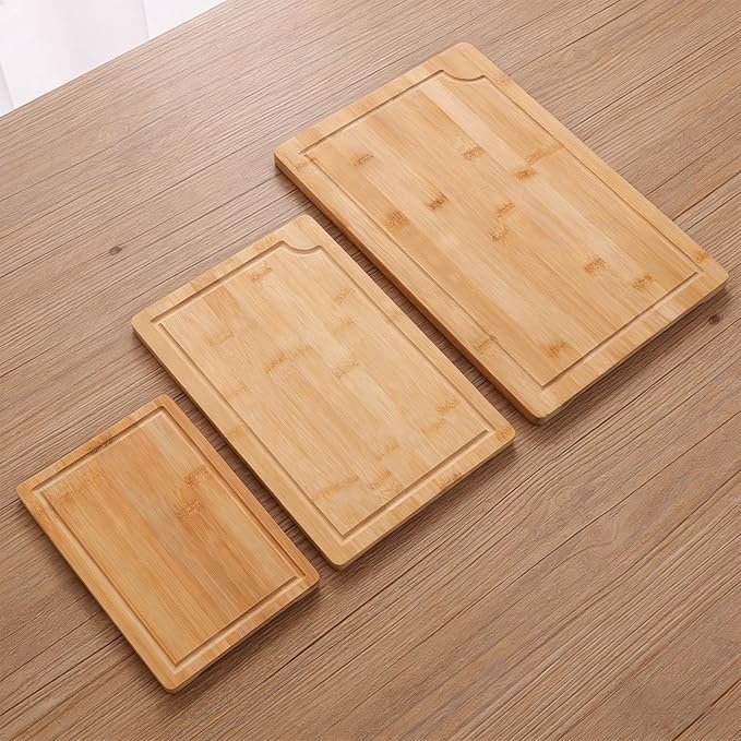 3pcs Wood Chopping Boards, Smooth Cutting Boards Set with Grooves and Inner Handles, for Kitchen, Meat, Vegetables, Cheese