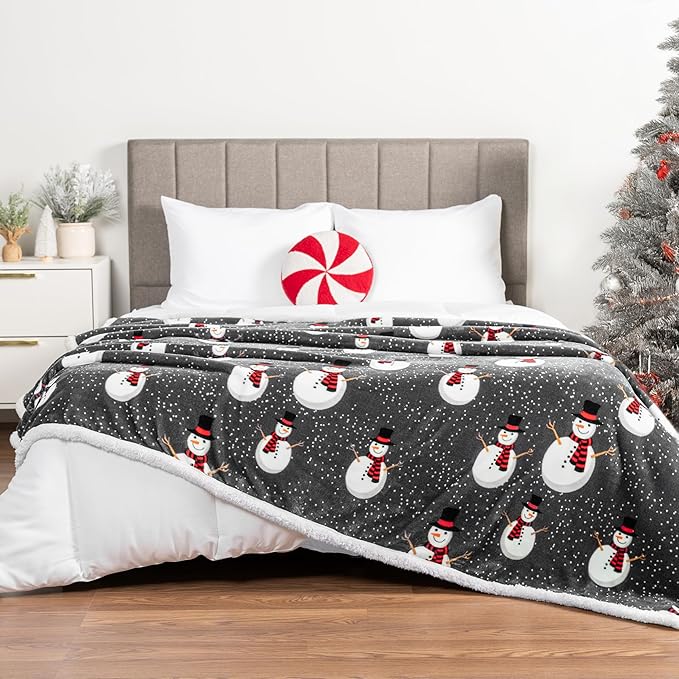 PAVILIA Premium Christmas Sherpa Throw Blanket | Snowman Decoration, Fleece, Plush, Warm, Cozy Reversible Microfiber Holiday Blanket 60x80