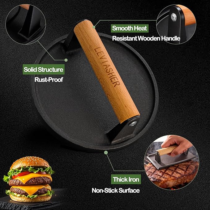 2Pcs 2.2lb Heavy Duty Cast Iron Grill Press, 6.7" Round 7.8X3.9" Rectangle Burger Press with Wood Handle for Blackstone, Griddle, Chef, Camp, Panini, Vegetable, Bacon, Sandwich, BBQ, Grid-patterned