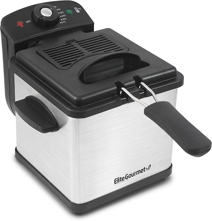 Elite Gourmet EDF1607# 800-Watt Mesh Basket 1.6 Quart / 6.5 Cup Oil Capacity, Electric Immersion Deep Fryer with Temperature Knob and Lid with View Window, stainless steel