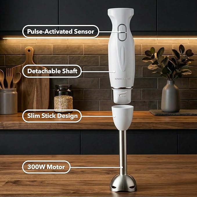 OVENTE Immersion Hand Blender, 300W Electric Handheld Stick Mixer with 2 Mixing Speeds and Stainless Steel Blades for Smoothies, Purees & Baby Food, White HS560W
