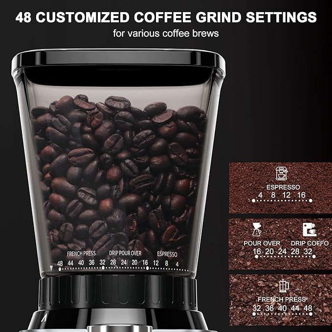 Conical Burr Coffee Grinder, Anti-static Electric Coffee Bean Grinder for Home Use, 48 Adjustable Grind Settings for 2-12 Cups (Black)