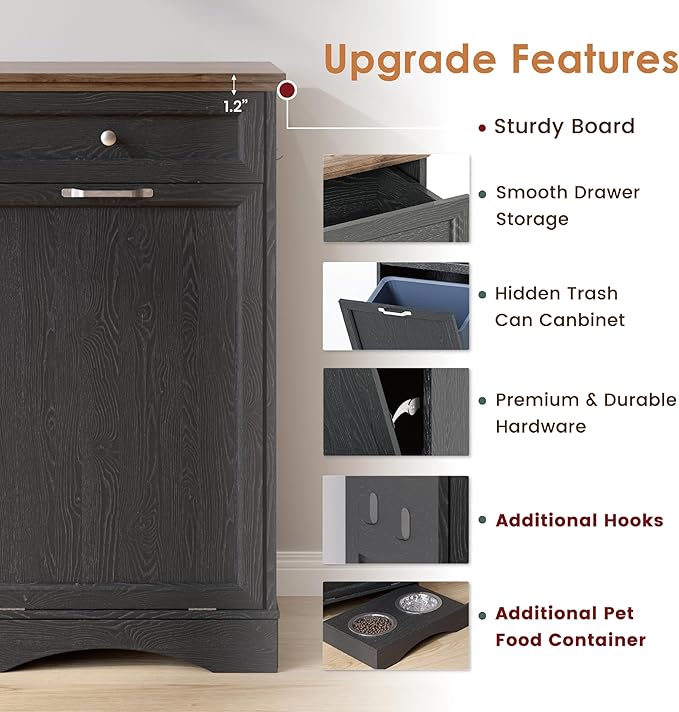 NEWOWNDS Tilt Out Trash Can Cabinet 10 Gallon Hidden Trash Garbage Can Cabinet with Drawer,Pet Proof Hidden Garbage for Kitchen,Laundry Bathroom (Black - with Feeding Bowls, Single Door)