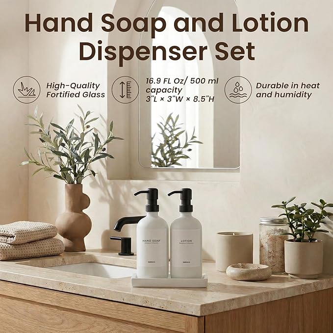 MaisoNovo Bathroom Soap Dispenser Set- Soap and Lotion Dispenser Set with White Soap Dispenser, Black Pumps & Ceramic Tray