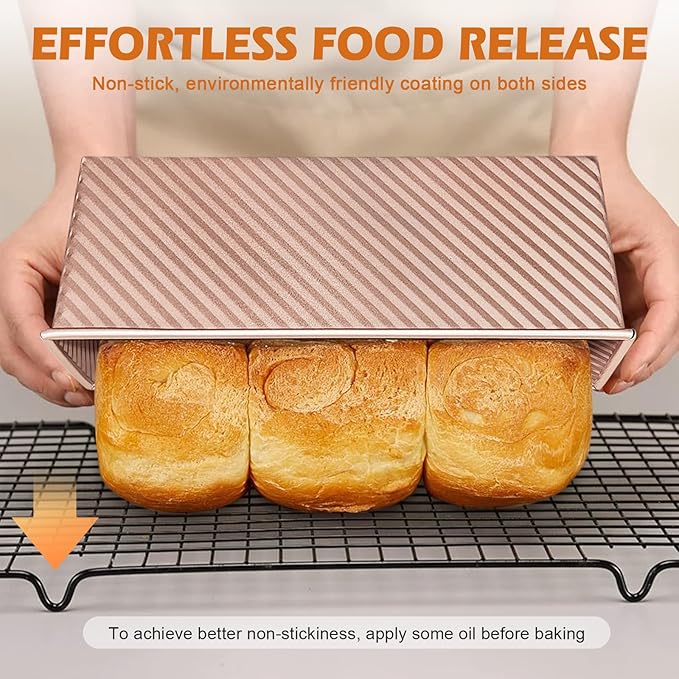 2Pack Bread Loaf Pan with Lids 1 LB Dough Capacity, Non-Stick Carbon Steel Pullman Loaf Pan for Homemade Sandwich and Sourdough Bread, Corrugated Toast Mold Gold