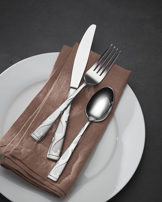 Oneida Silverware Set For 8, Tuscany 45-Piece Everyday Flatware Set with Serving Utensils, Service For 8, 18/0 Stainless Steel, Dishwasher Safe, Knives Spoons And Forks Sets, Dining (Silver, 45 Piece)