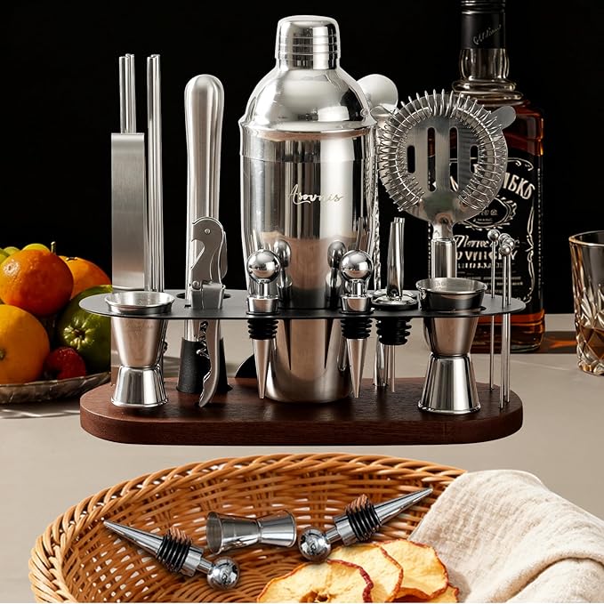 23-Piece Bartender Kit, Cocktail Shaker Set with Stand | Bar Set Drink Mixer Set with All Essential Bar Tools: Martini Shaker,Bar Mixer Spoon, Jigger, Strainer, Muddler, Pourers, for Home, Bar, Party