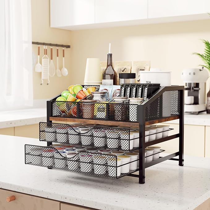 Homsorout Coffee Bar Organizer - Coffee Station for Countertop, Metal and Wood K Cup holder Storage Basket for Coffee Pods, Syrup, Cups, Stirrer, Coffee Condiment, Tea Organizer, Black and Brown