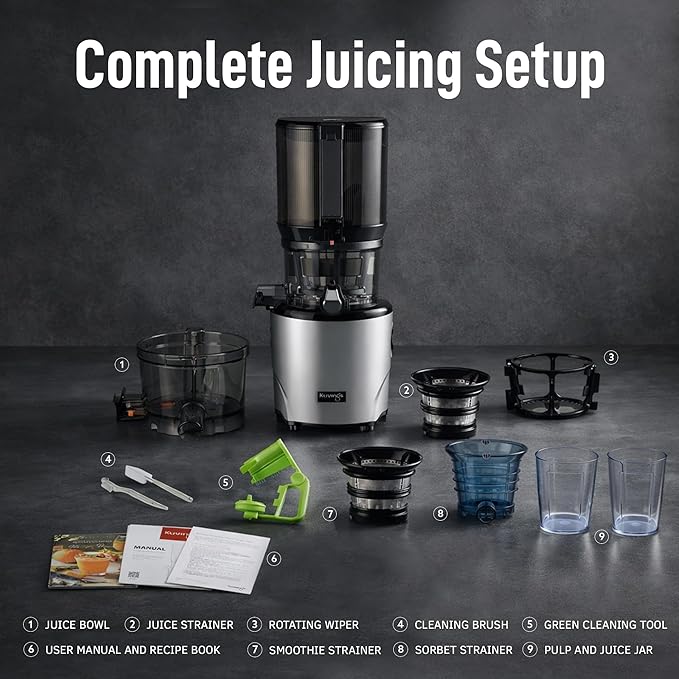 Kuvings AUTO10 Cold Press Juicer Machine – Self-Feeding for Hands-Free Use – Easy to Clean, Quiet 240W Motor, 100 oz Large Masticating Juicer – Designed for Silky Juice with Low Pulp – Silver