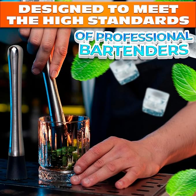 2 Pcs Bar Muddler for Cocktails - 8" Stainless Steel Muddler for Lemonade with Glass-Safe Grooved Nylon Head, Dishwasher Safe - Lemonade Stand Supplies for Mojitos, Citrus, Mint, Herb & Fruit Mixing