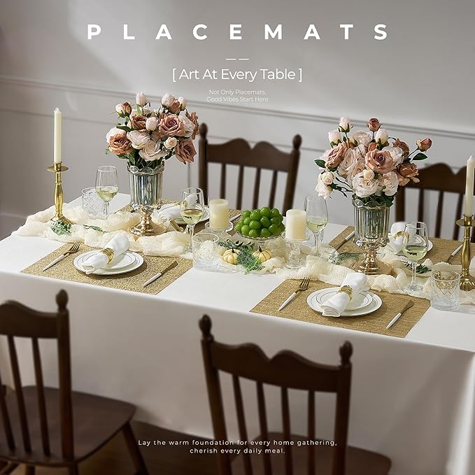 Leetaltree Gold Placemats Set of 8 - Heat Resistant Non-Slip Place mats for Dining Table, Washable Durable PVC Vinyl Woven Table Mats(Luxury Gold, 8)